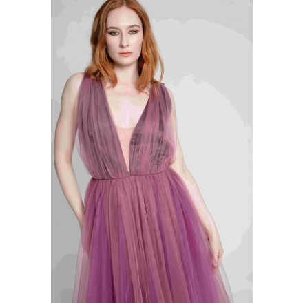 Purple tulle midi dress, V-neck/backline